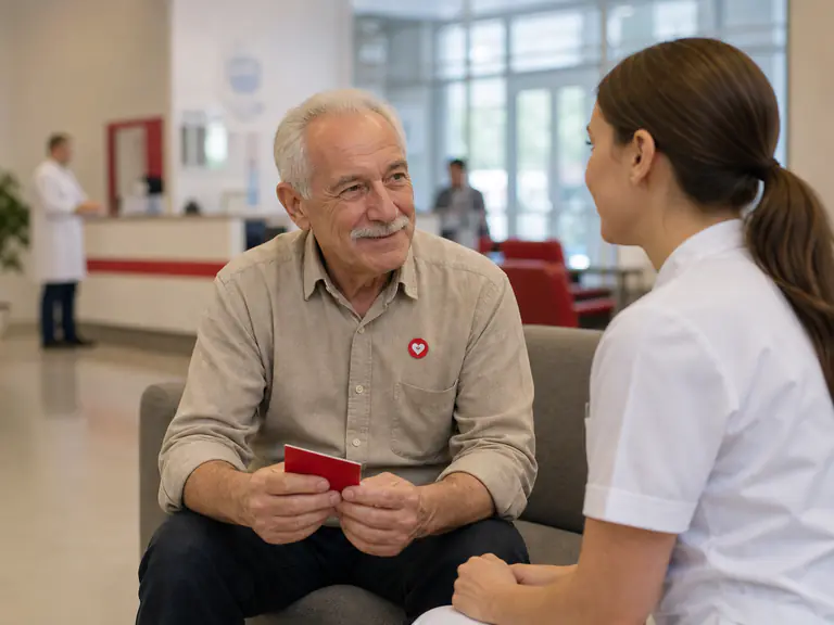 Пожилой почётный донор беседует с медицинским специалистом