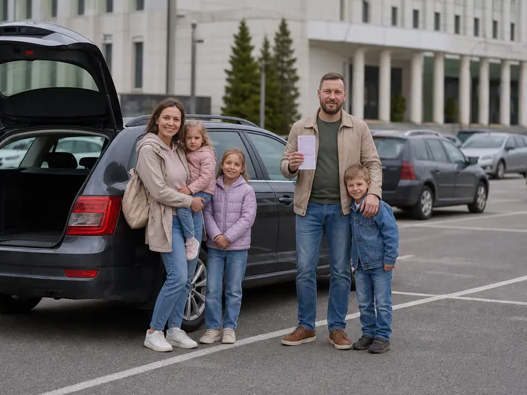 Многодетная семья рядом с автомобилем на городской парковке