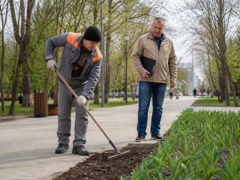 Работник выполняет оплачиваемые общественные работы в городском парке